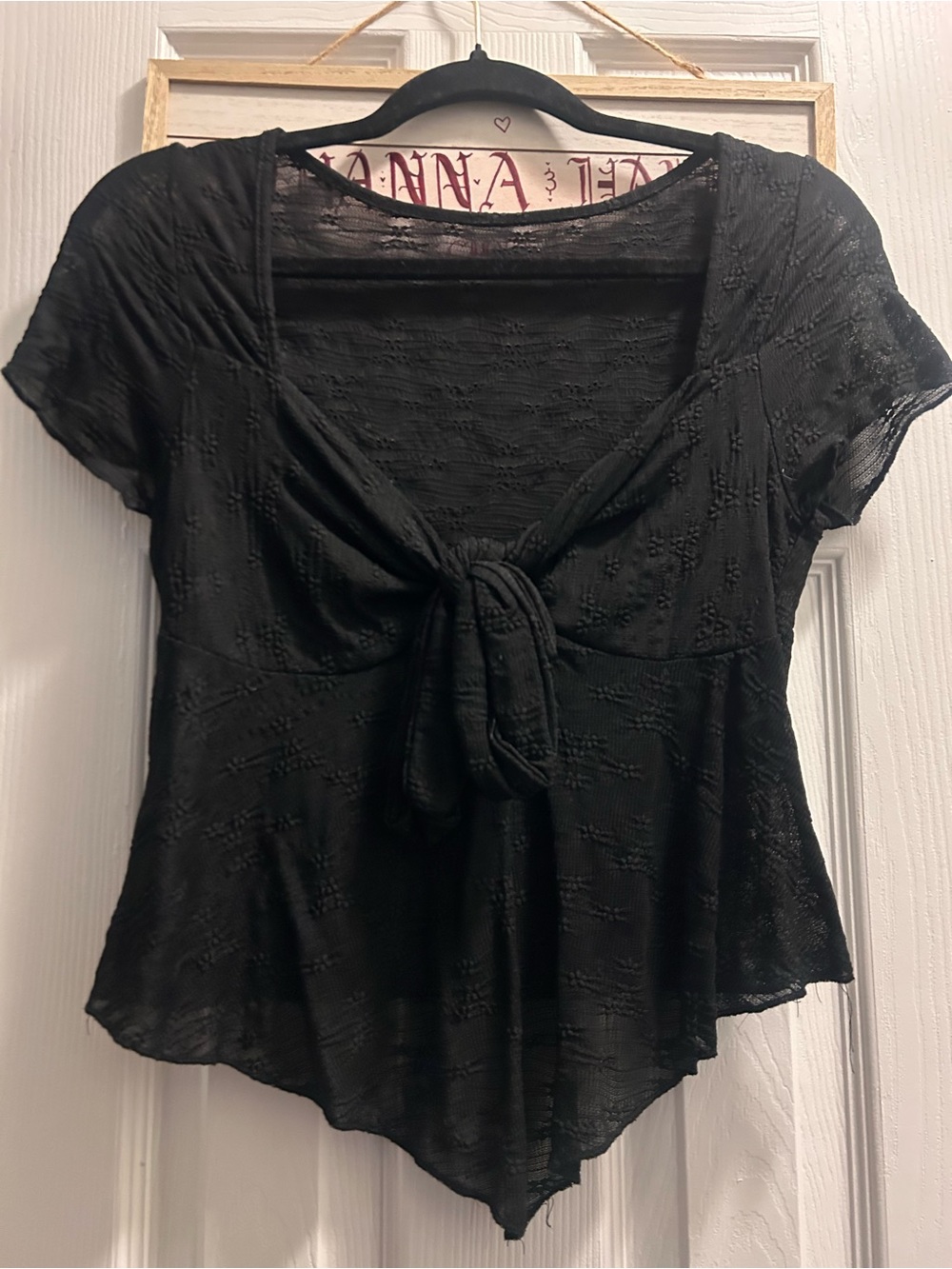 Black Tie-Front Short Sleeve Top - Women